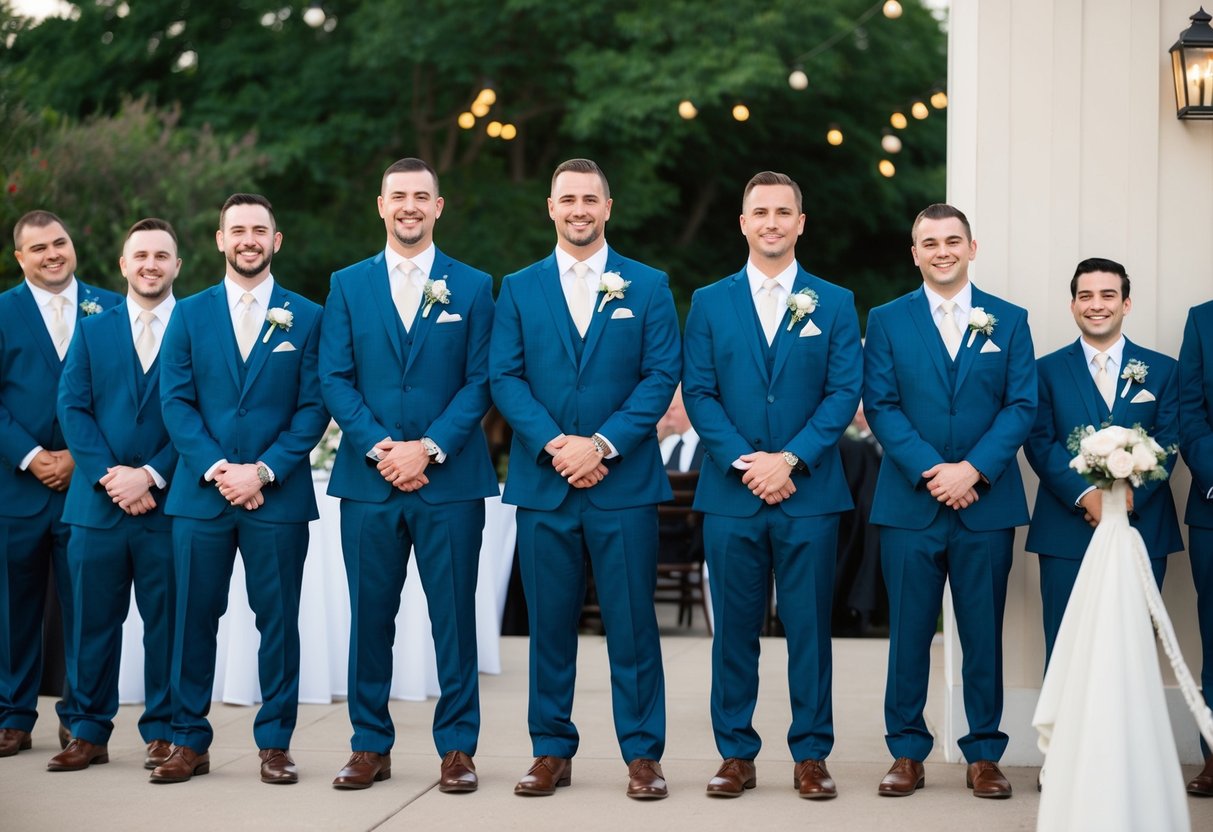 The groomsmen, dressed in matching suits, stand together in a line, holding their boutonnieres and smiling as they wait for the wedding reception to begin