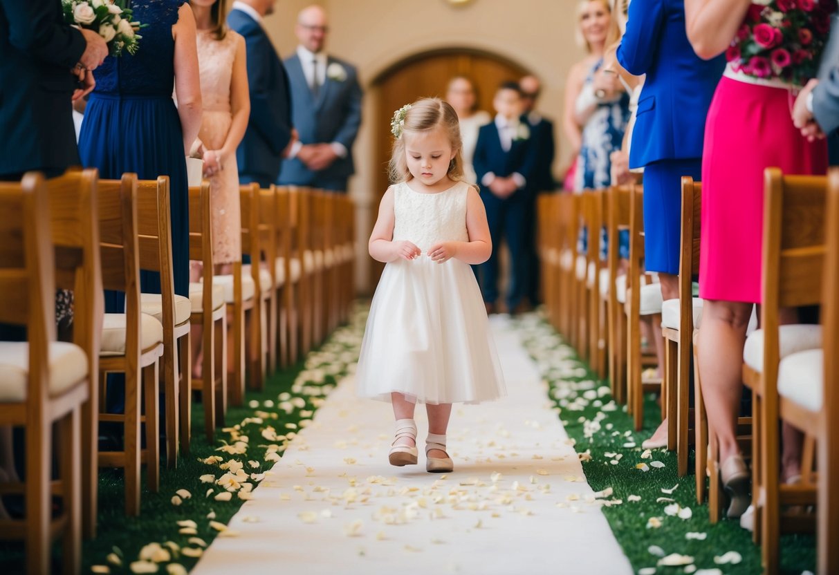 Young flower girls scatter petals down the aisle at a wedding