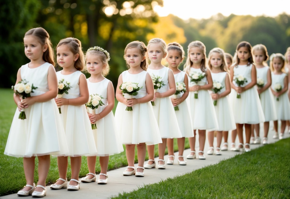 A group of young flower girls stand in a line, holding small bouquets and wearing matching dresses, as they eagerly await their turn to walk down the aisle