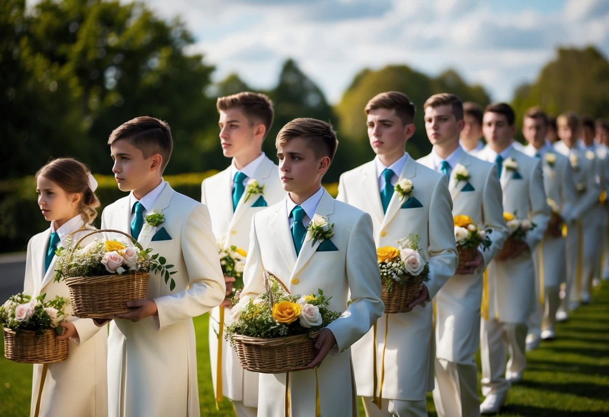 Young attendants in ceremonial attire stand in a row, holding flower baskets and ribbons, as they await their role in the wedding procession