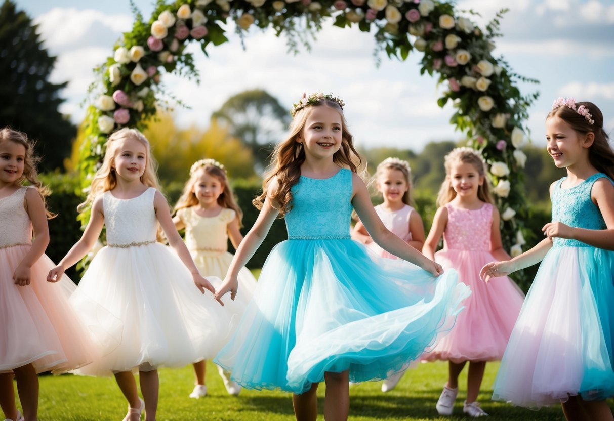 A group of young girls in fancy dresses twirl and dance joyfully around a flower-filled archway at a wedding celebration