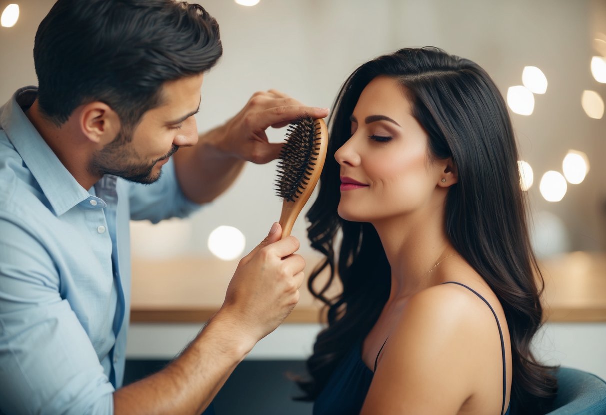 A man carefully brushes a woman's hair, while she sits peacefully