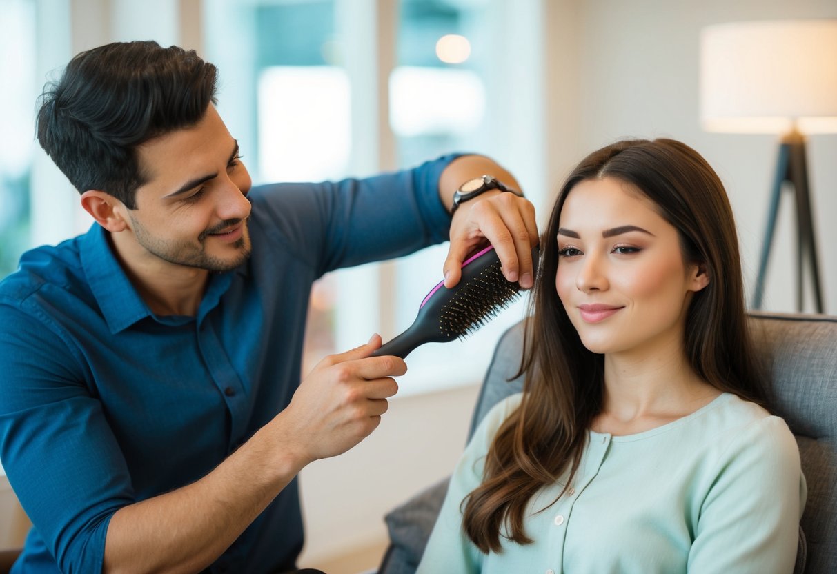 A guy gently brushes a girl's hair, while she sits relaxed in a comfortable chair