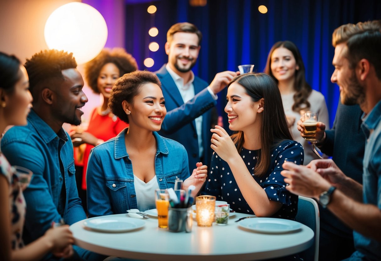 A diverse group socializing at a party, with a guy and a girl engaged in friendly conversation and mutual grooming