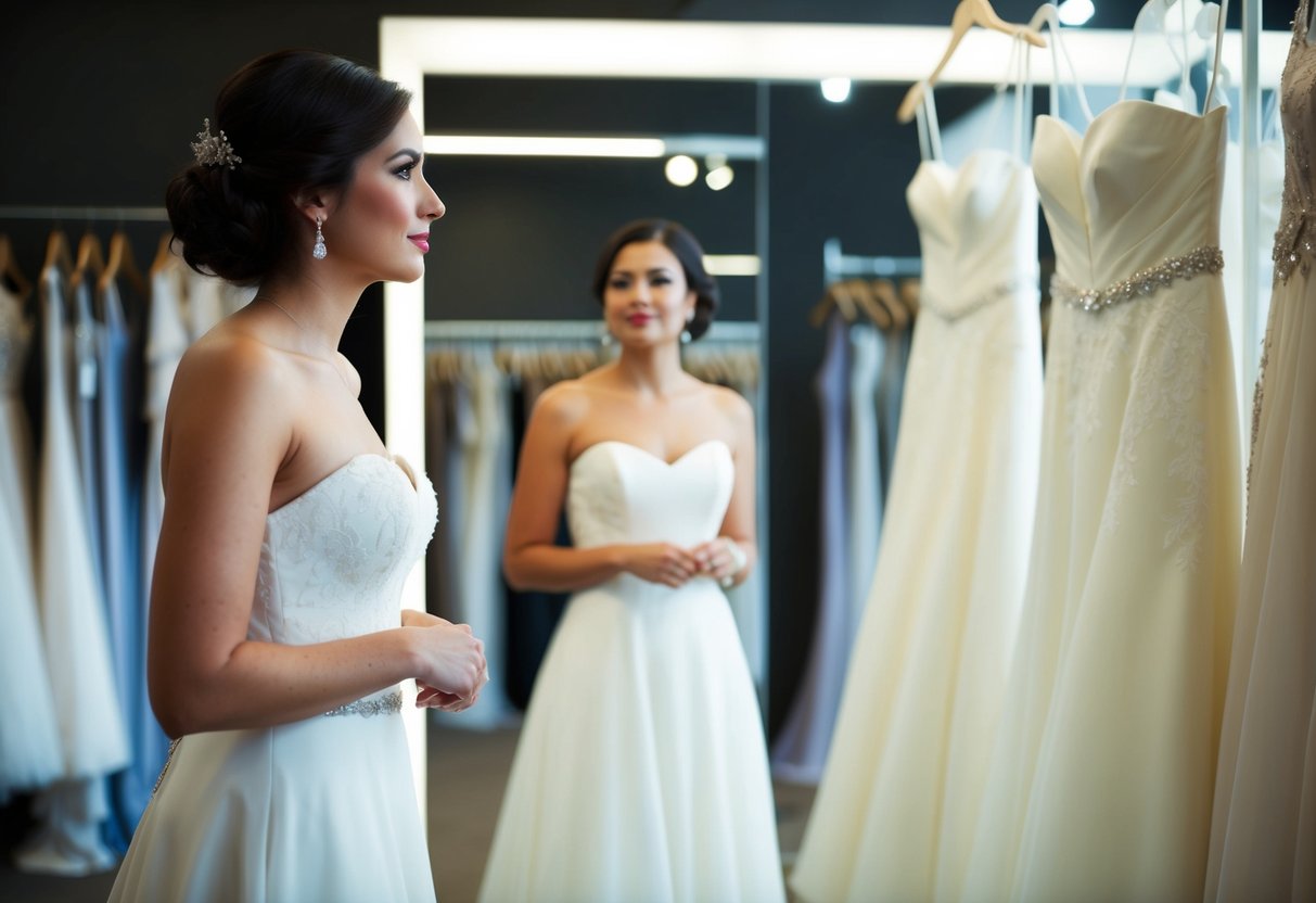 A woman standing alone in a wedding dress store, looking at herself in the mirror with a hesitant expression