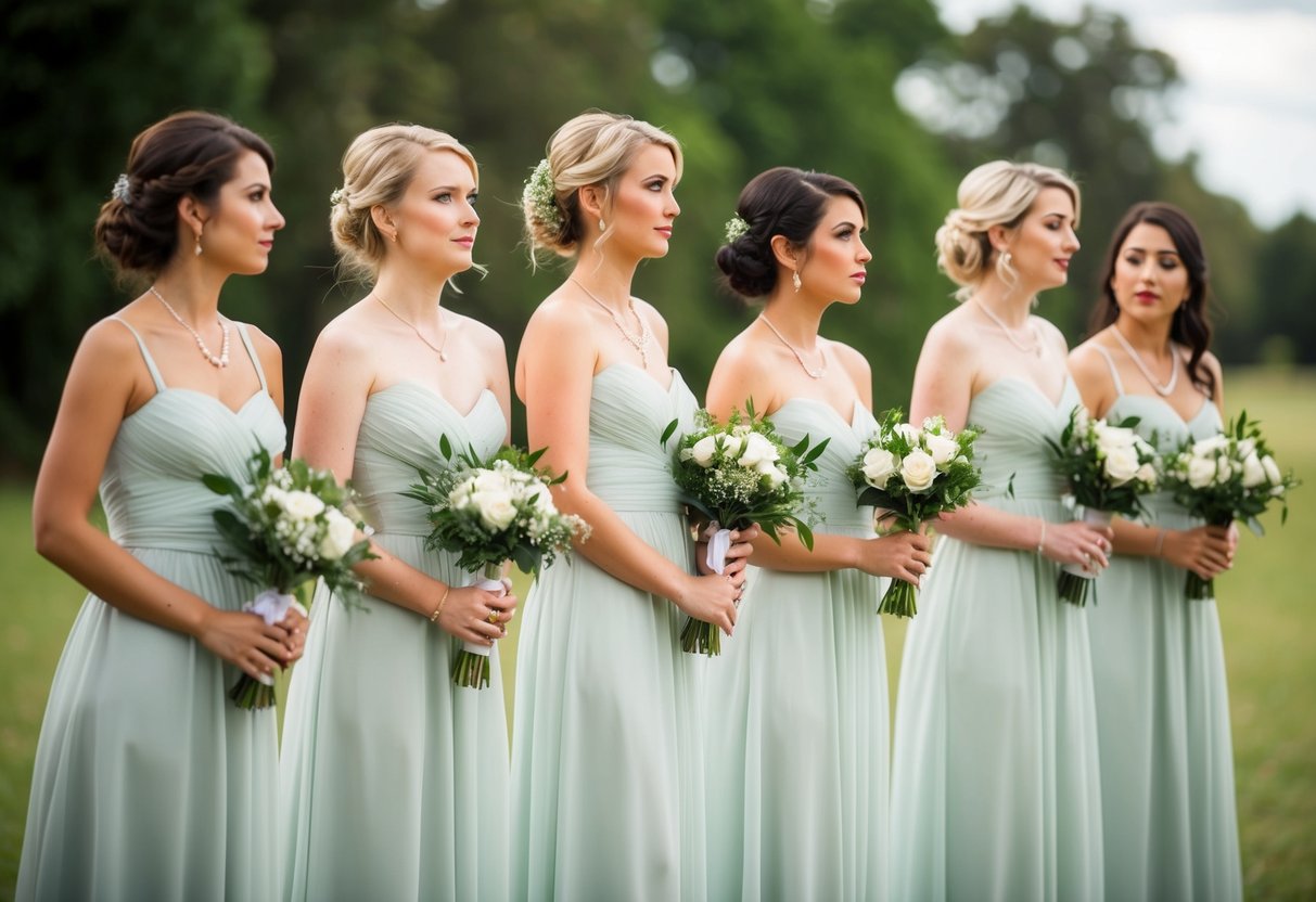 A group of women standing in a line, wearing matching dresses and holding bouquets, while one woman looks hesitant and unsure