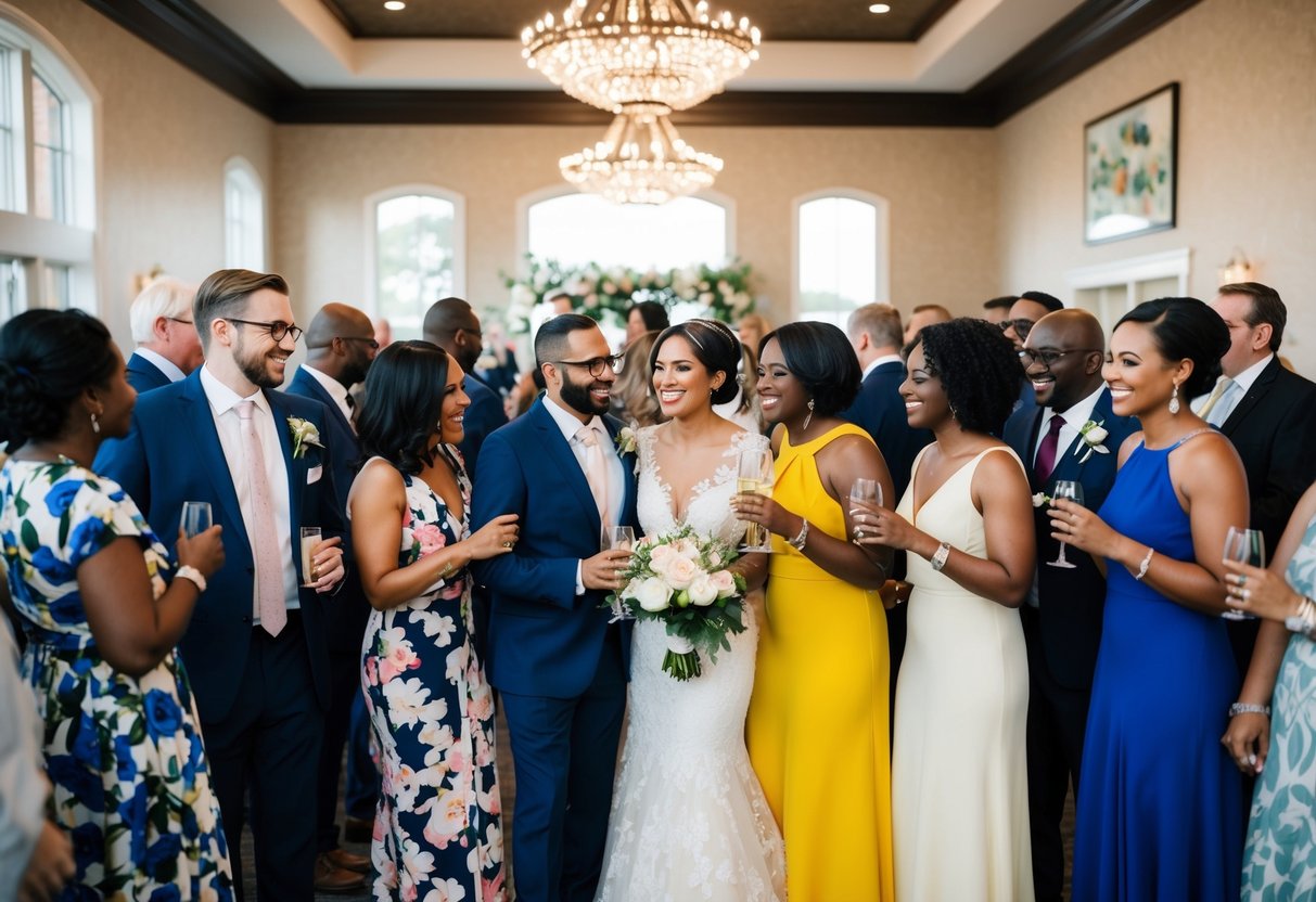 A diverse group of wedding guests mingle and celebrate in a beautifully decorated and inclusive venue