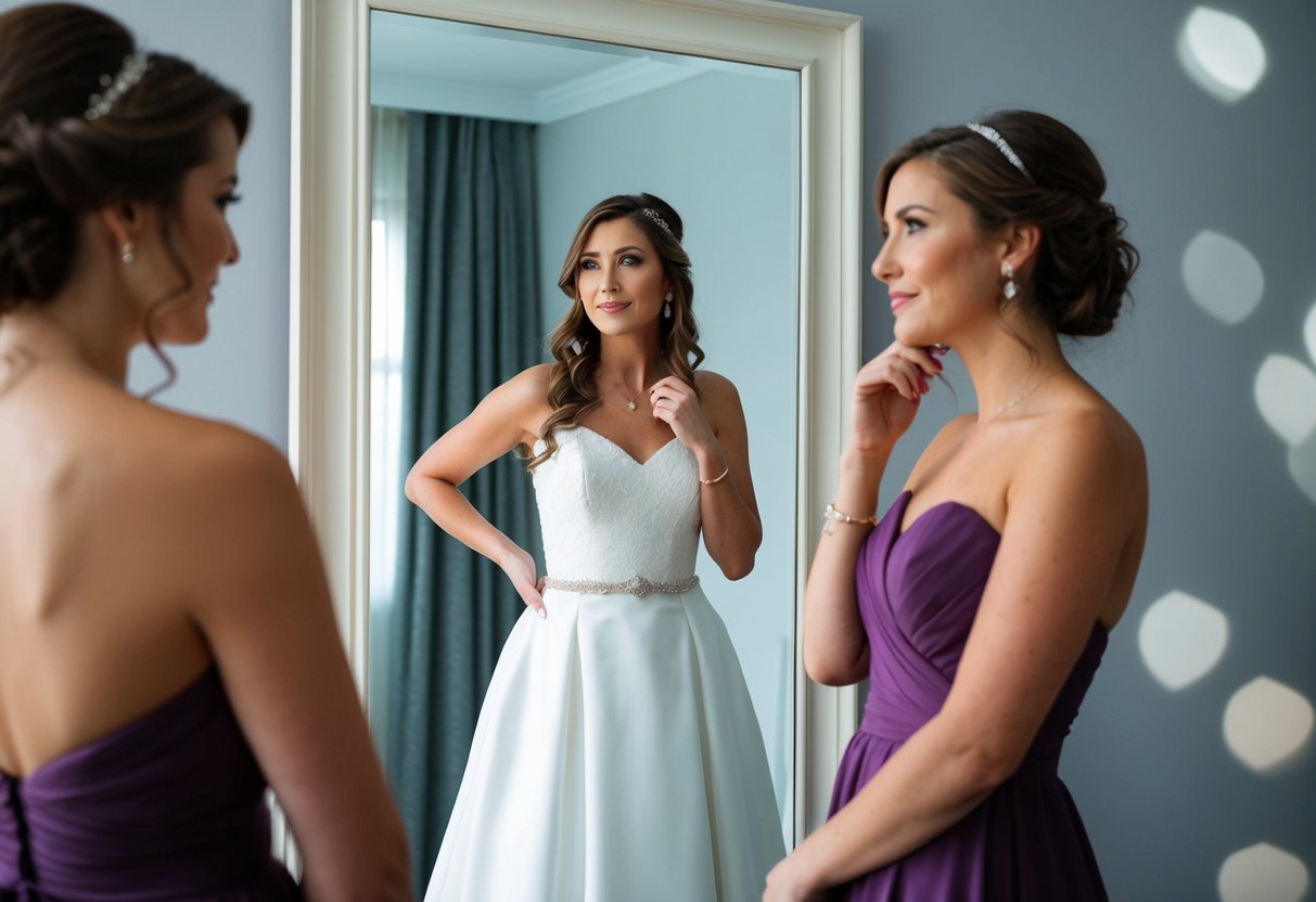 A woman stands in front of a mirror, holding a bridesmaid dress in one hand and a thoughtful expression on her face