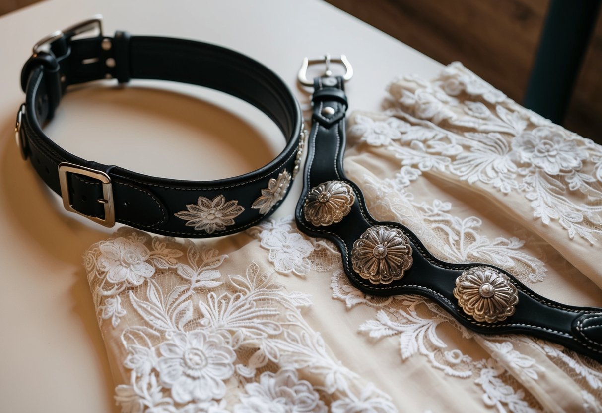 A bridal lies on a table, featuring ornate floral designs and delicate lace. A headstall hangs next to it, made of sturdy leather with silver buckles and intricate tooling