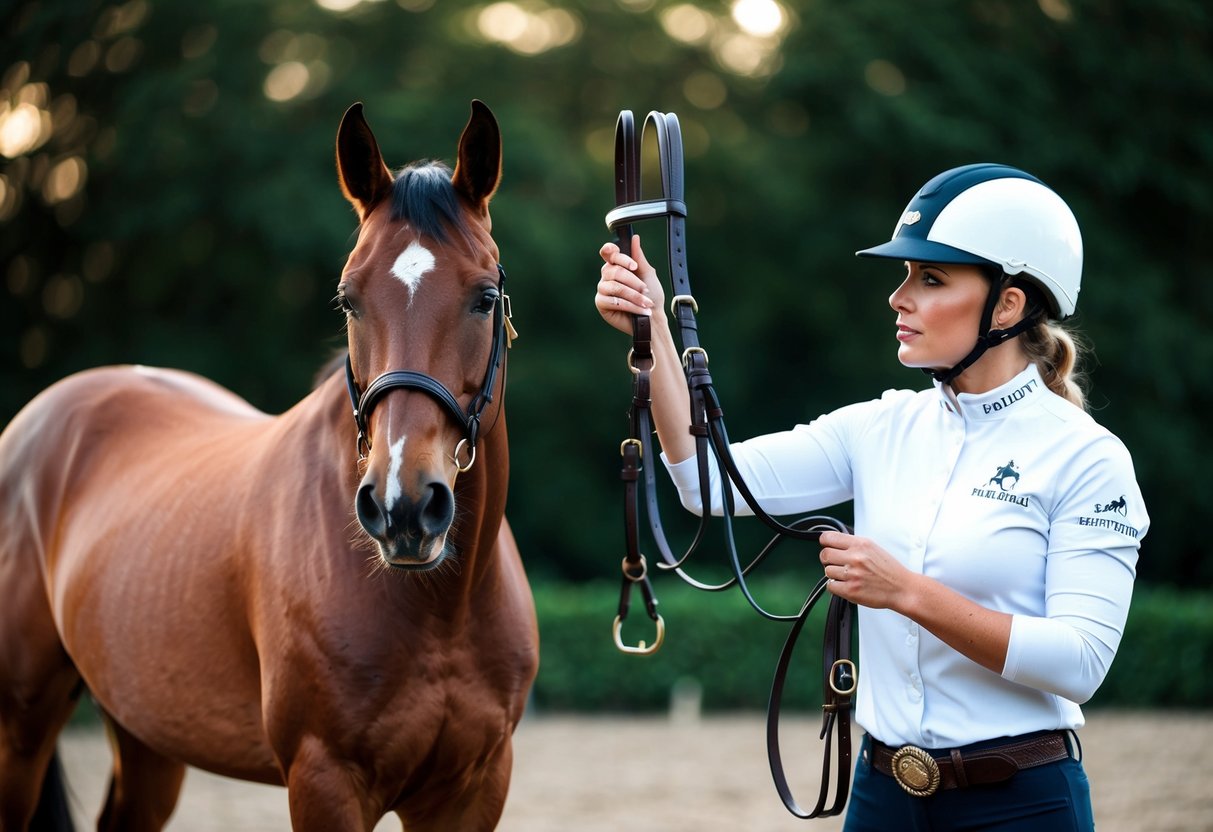 A horse stands calmly as a rider holds up a bridle and a headstall, comparing the two pieces of equipment. The rider looks thoughtful, trying to discern the differences between the two