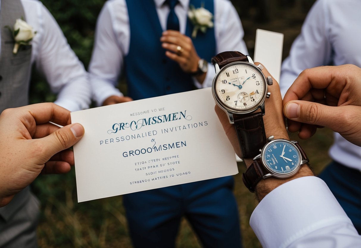 Groomsmen receive personalized invitations in a rustic setting with a vintage watch showing 10:10