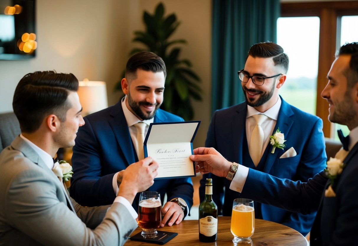 Groomsmen receive formal invitation in a cozy setting with drinks and cigars