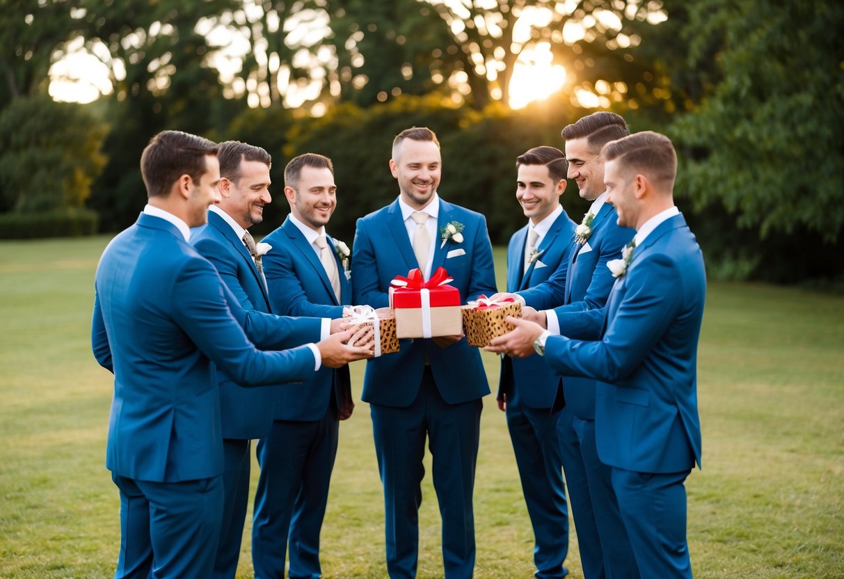 A group of groomsmen standing in a circle, exchanging gifts and tokens of appreciation