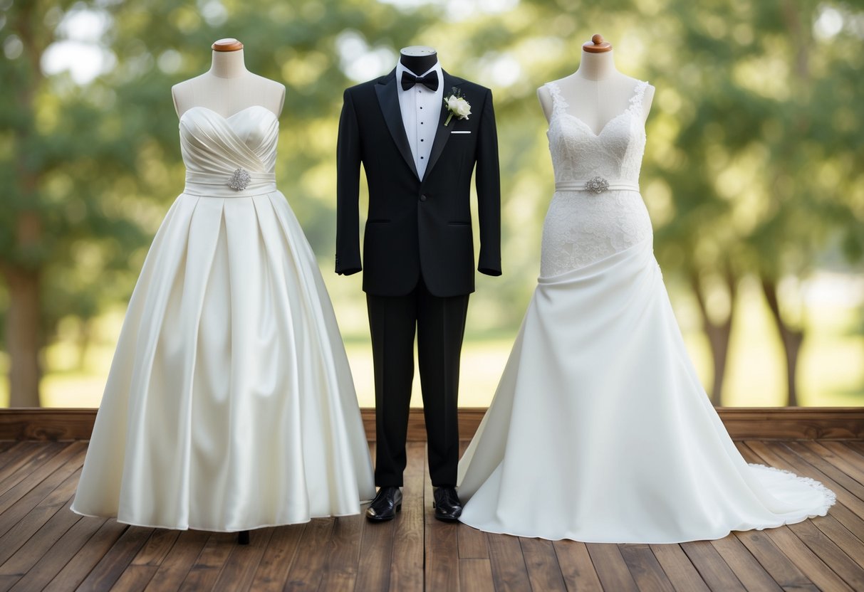 A wedding scene with traditional gender role symbols: a tuxedo and a wedding gown displayed side by side