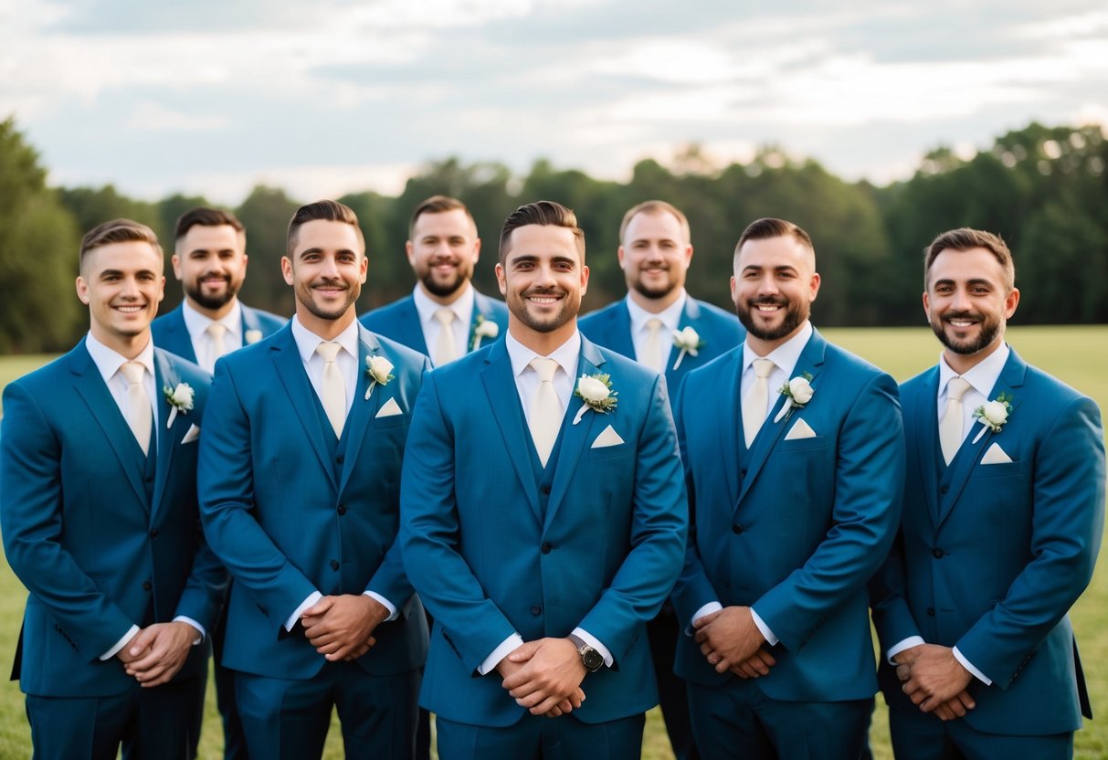 A group of groomsmen standing together, smiling and dressed in matching suits, ready to support the groom on his wedding day