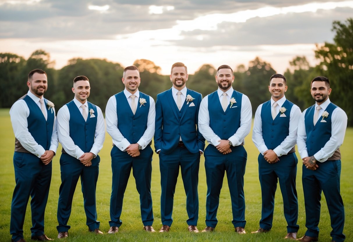 A group of groomsmen stand together, participating in wedding traditions