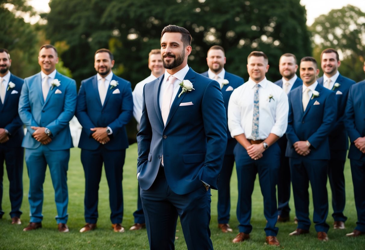 A group of men standing in front of a wedding party, some wearing suits and others casual attire. The focus is on the men's body language and expressions, indicating a sense of camaraderie and celebration