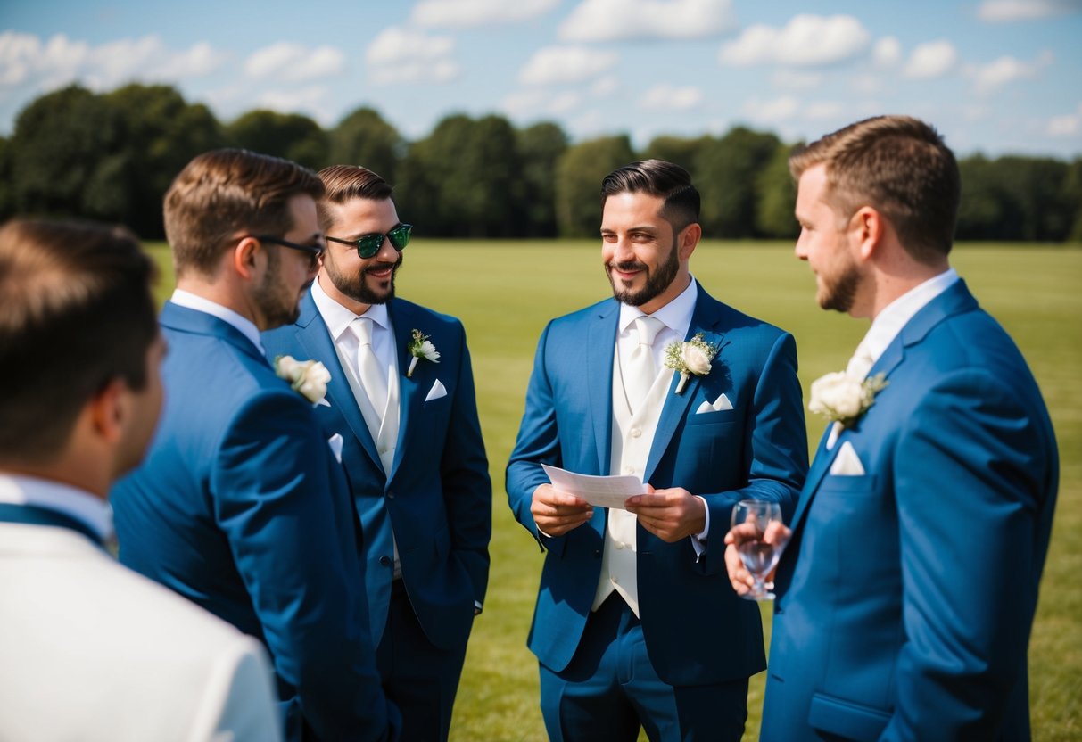 A group of groomsmen discussing wedding plans