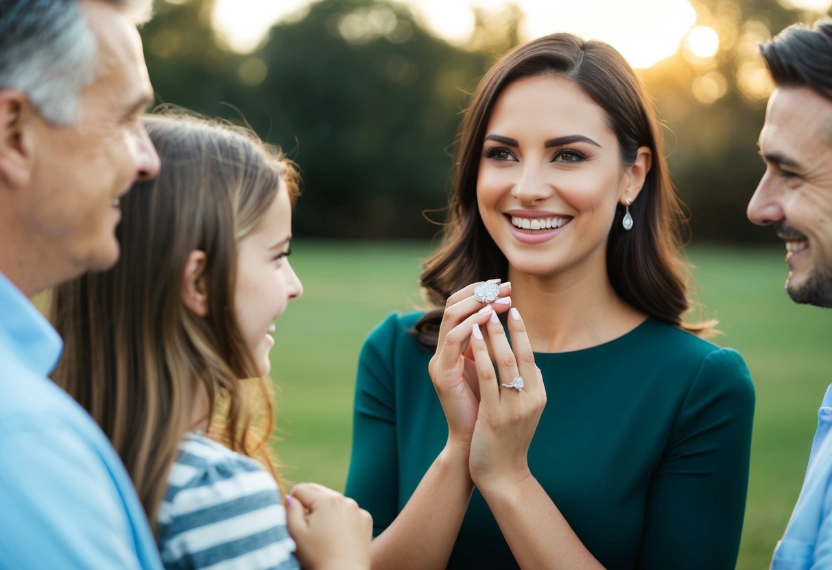 A woman wearing an engagement ring, smiling and showing it off to friends and family