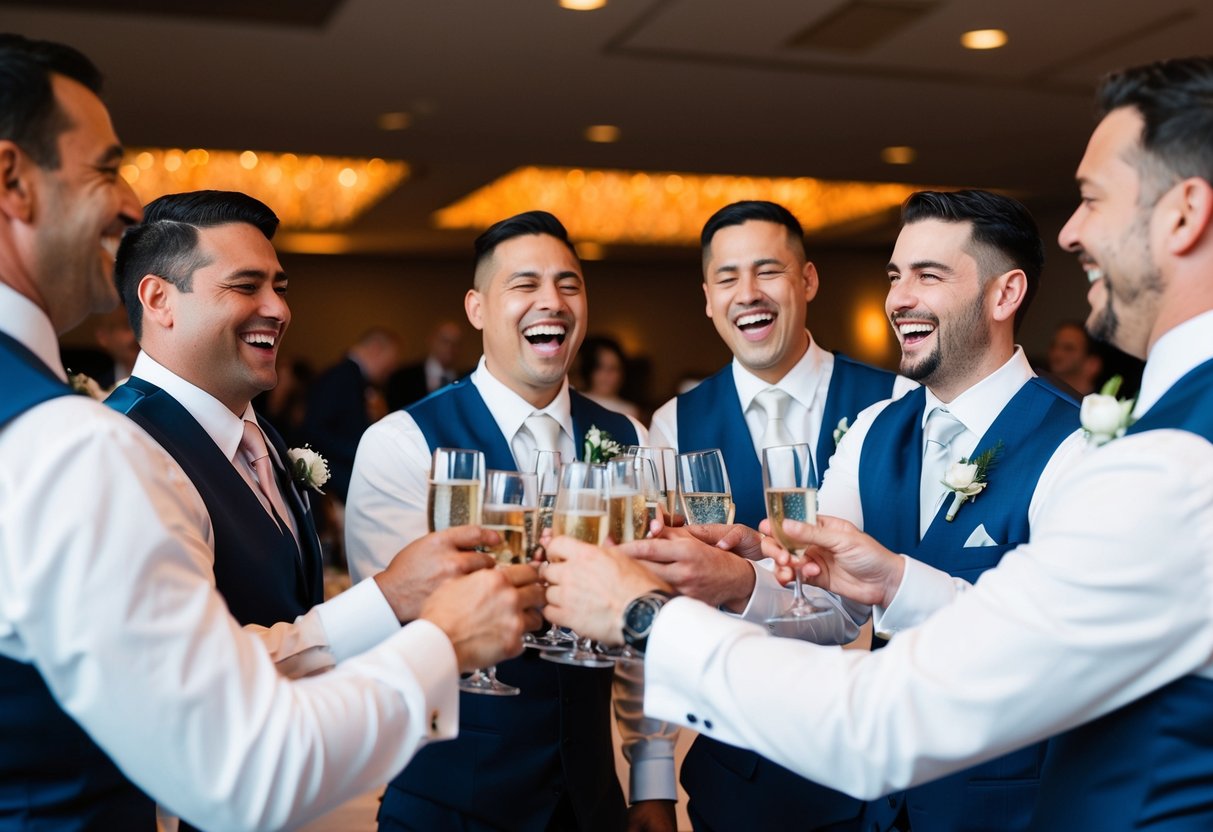 A group of groomsmen laughing and toasting at a wedding reception
