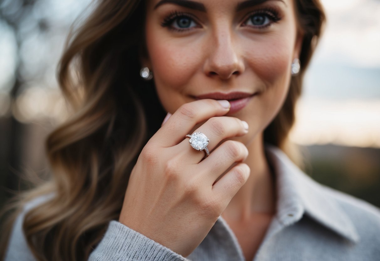 A woman wearing a sparkling engagement ring on her left ring finger