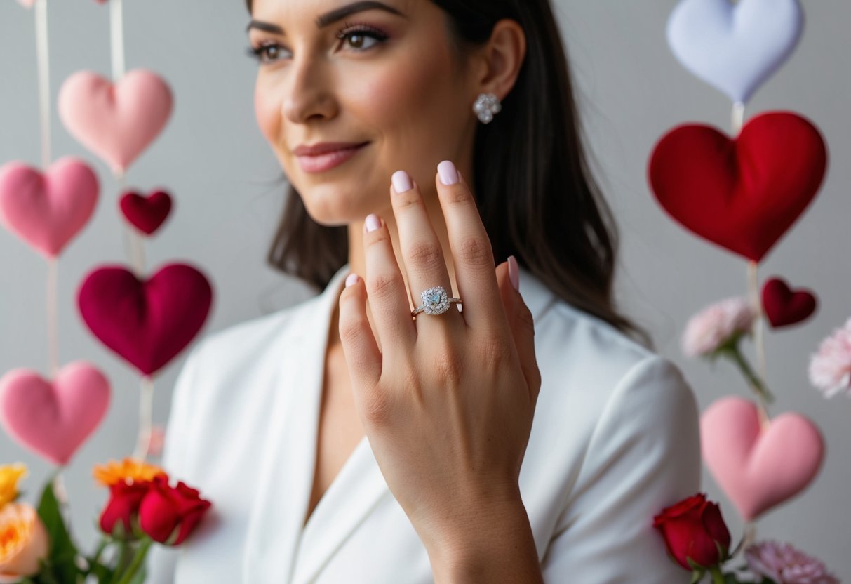 A woman wearing an engagement ring on her finger, surrounded by symbols of love and commitment such as hearts, flowers, and wedding-related items