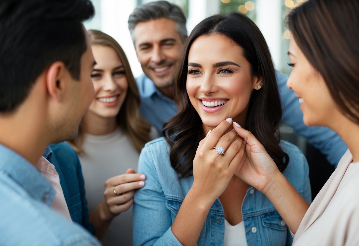 A woman wearing an engagement ring while smiling and showing it off to friends and family