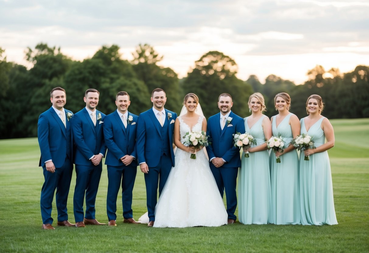 A group of groomsmen and bridesmaids standing together in a wedding party