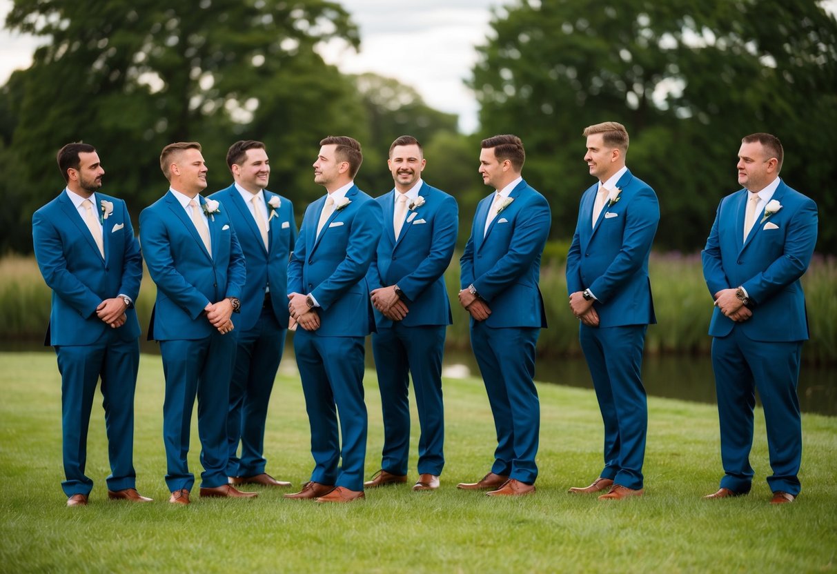 A group of groomsmen stand in a line, some chatting while others look at their watches. The bride's brother stands off to the side, looking uncertain