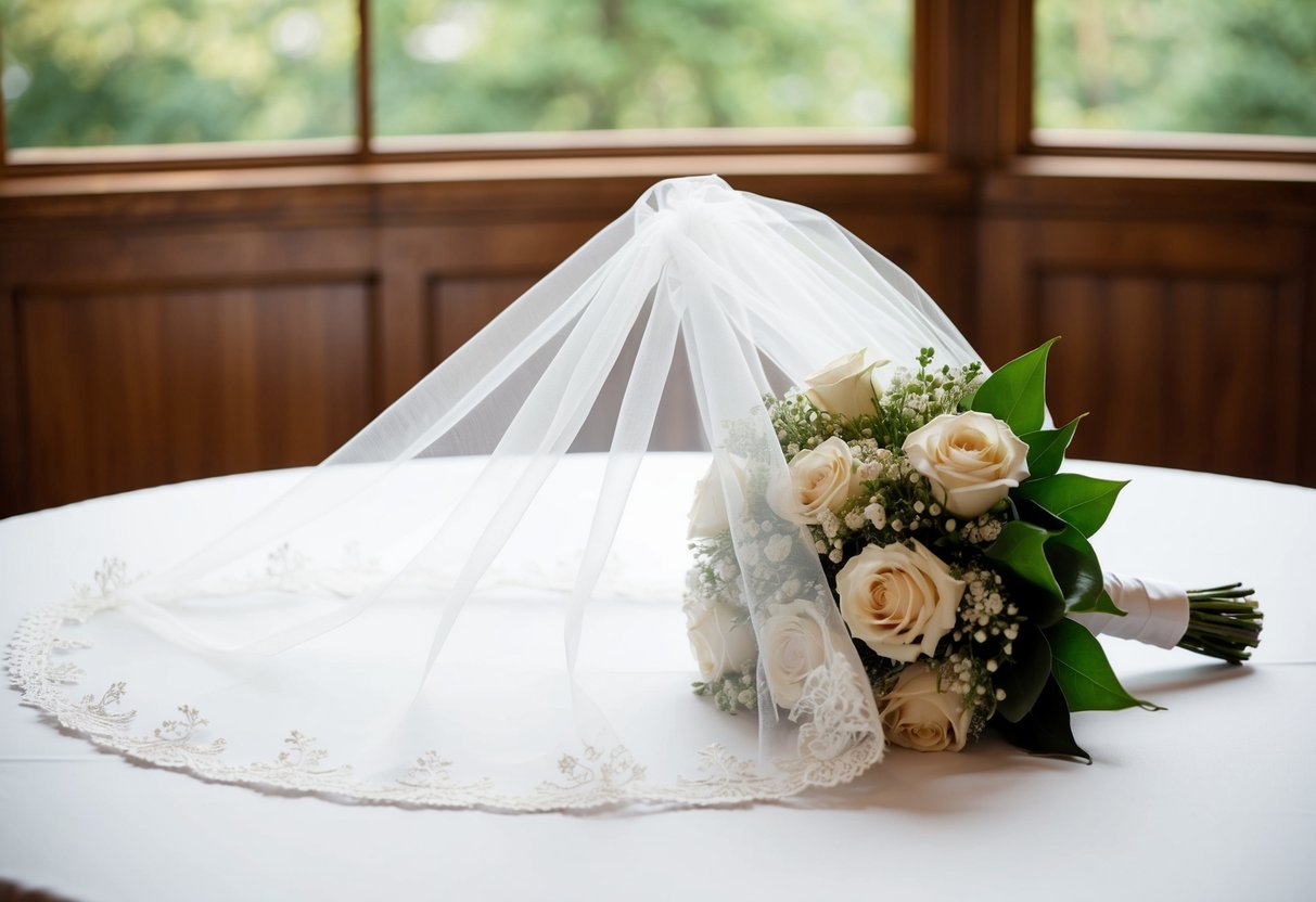 A traditional wedding veil and bouquet on a table, symbolizing cultural significance and the meaning of a bride