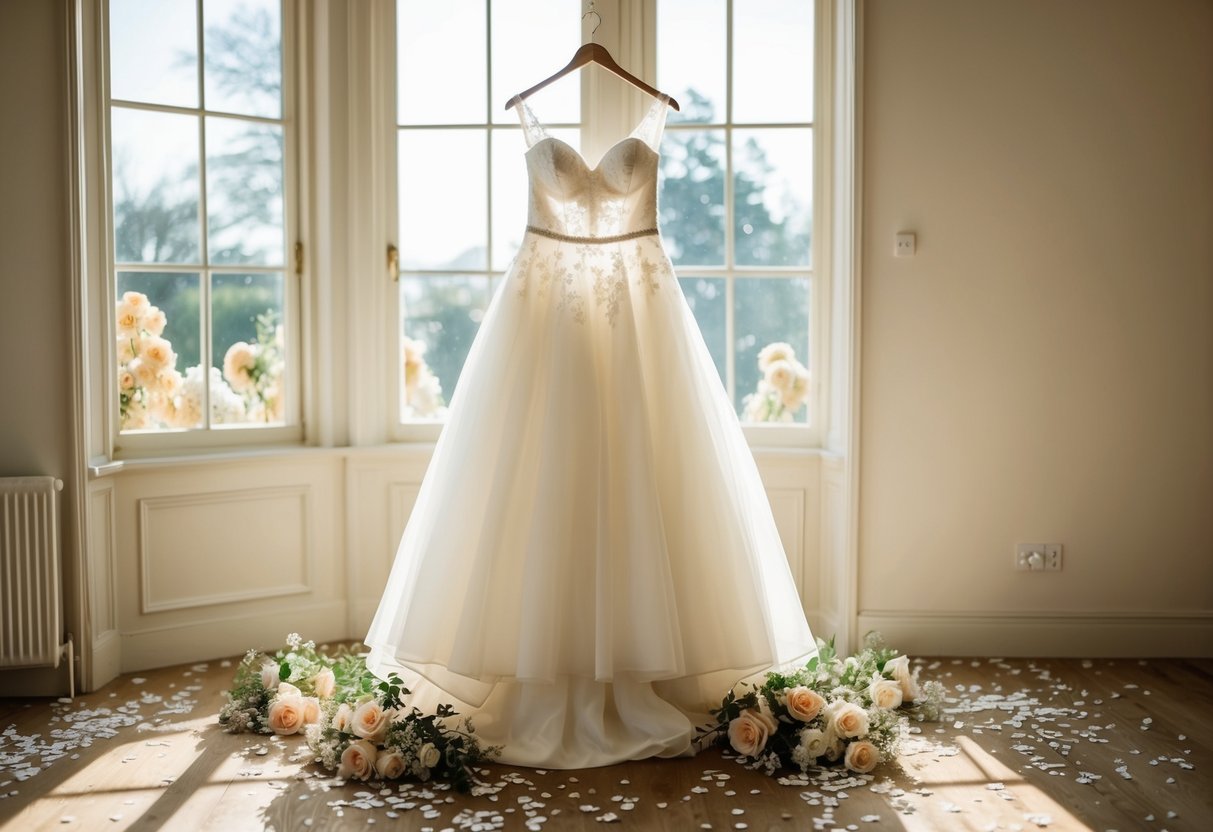 A wedding dress hanging in a sunlit room, surrounded by wilted flowers and scattered confetti