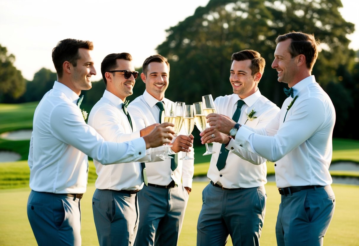 The groom and his groomsmen toast with champagne before heading out for a round of golf at the country club