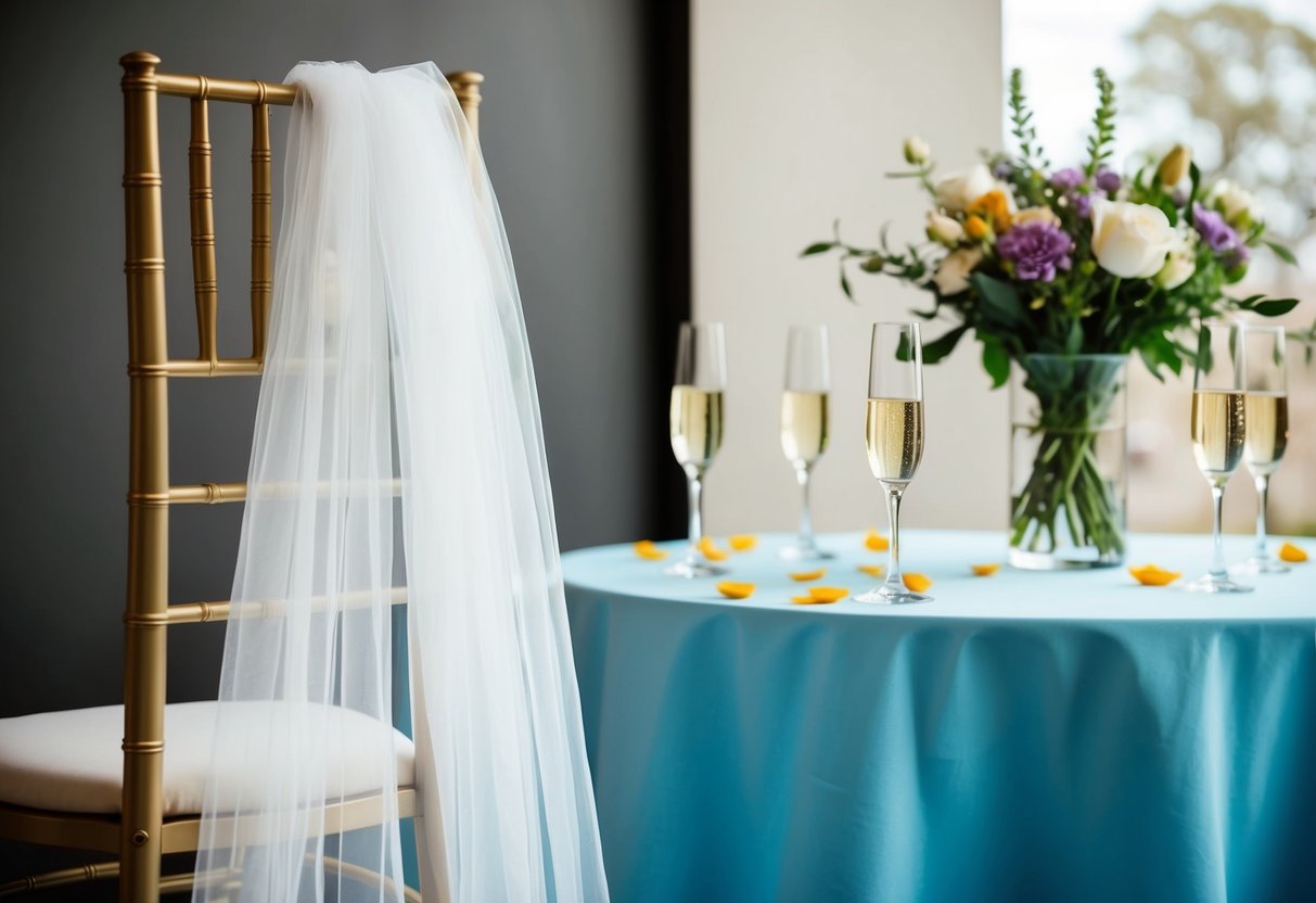 A bride's veil hanging on a chair, with scattered flower petals and empty champagne glasses on a table nearby