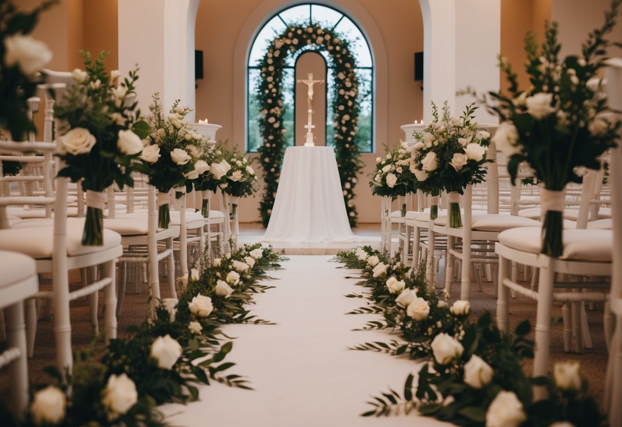 A flower-strewn aisle leads to an altar with an archway