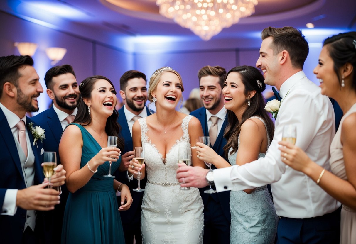 A group of friends gathers around the bride and groom, laughing and chatting as they celebrate together at the wedding reception