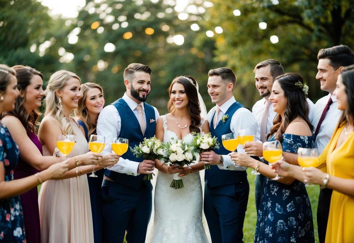 A group of friends gather around the couple, each holding a symbolic item representing their unique role in the wedding celebration