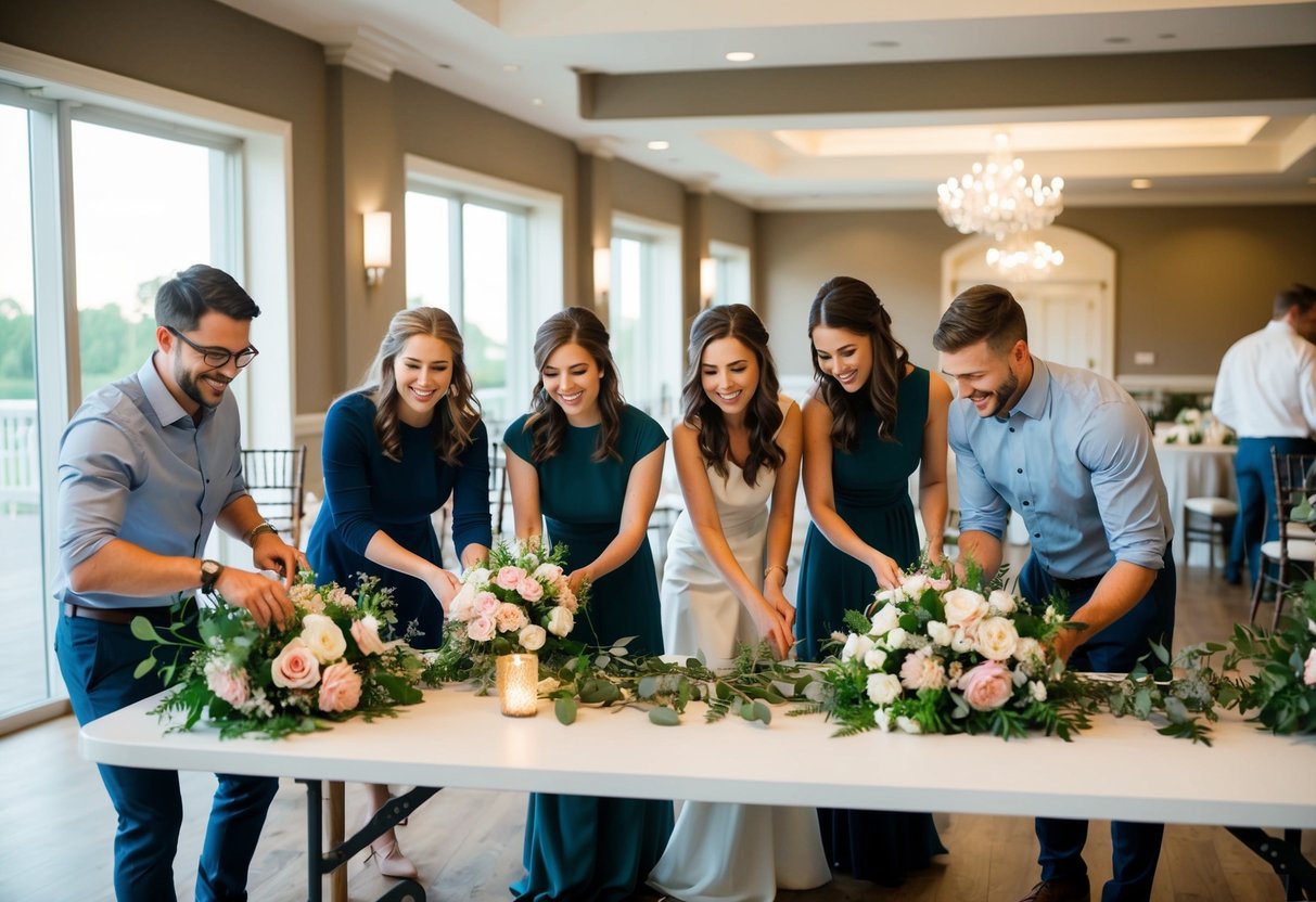 A group of friends happily setting up decorations, arranging flowers, and assisting with last-minute tasks at a wedding venue