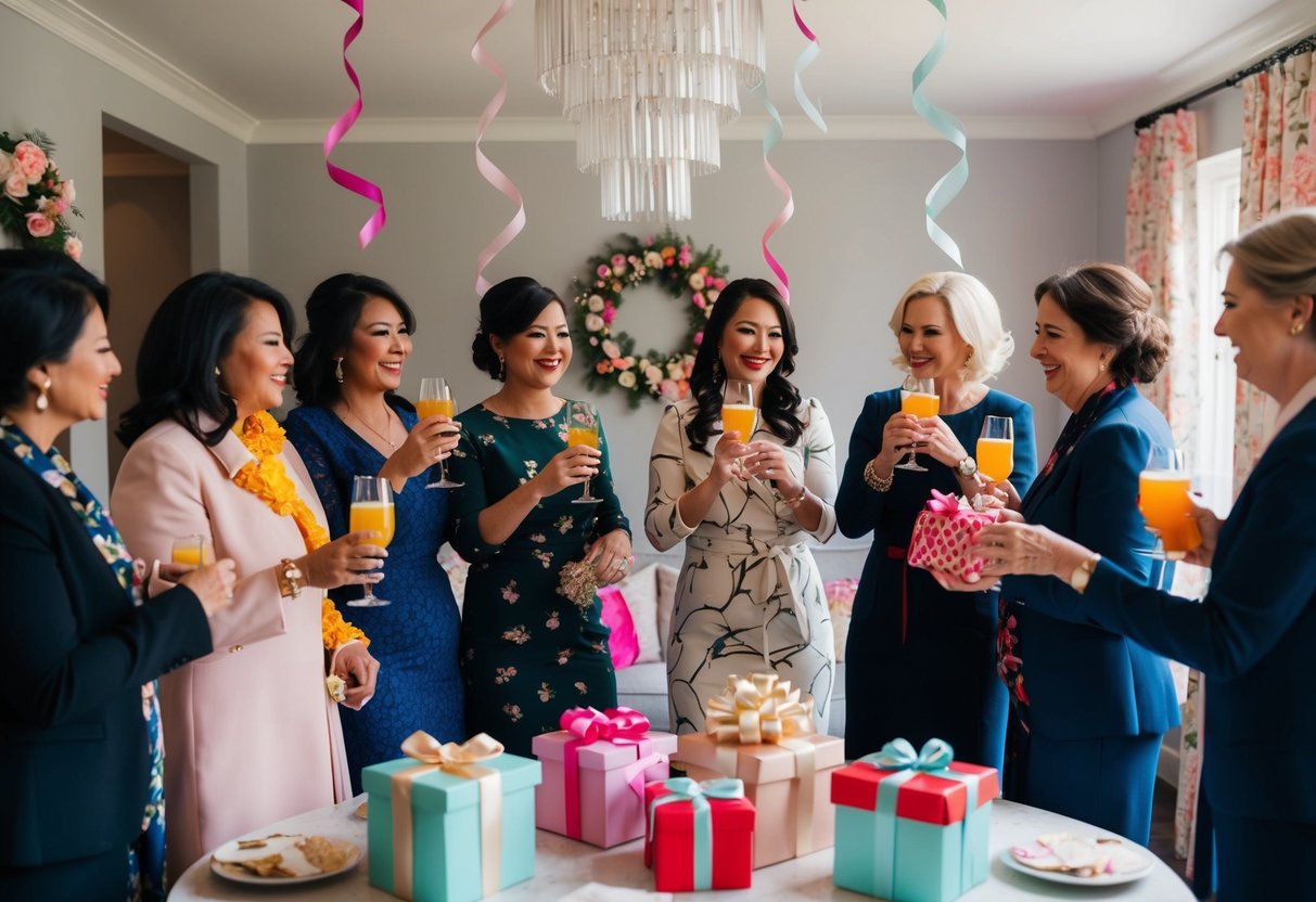 A group of women gather in a decorated room, sipping drinks and exchanging gifts. Flowers and ribbons adorn the space