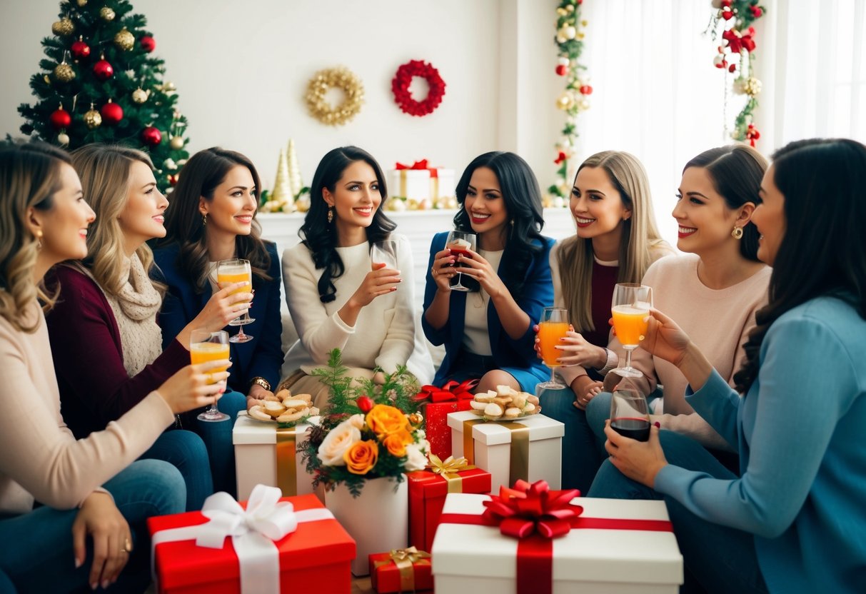 A group of women gather in a decorated room, sipping drinks and chatting. Gifts and flowers are displayed, creating a festive atmosphere