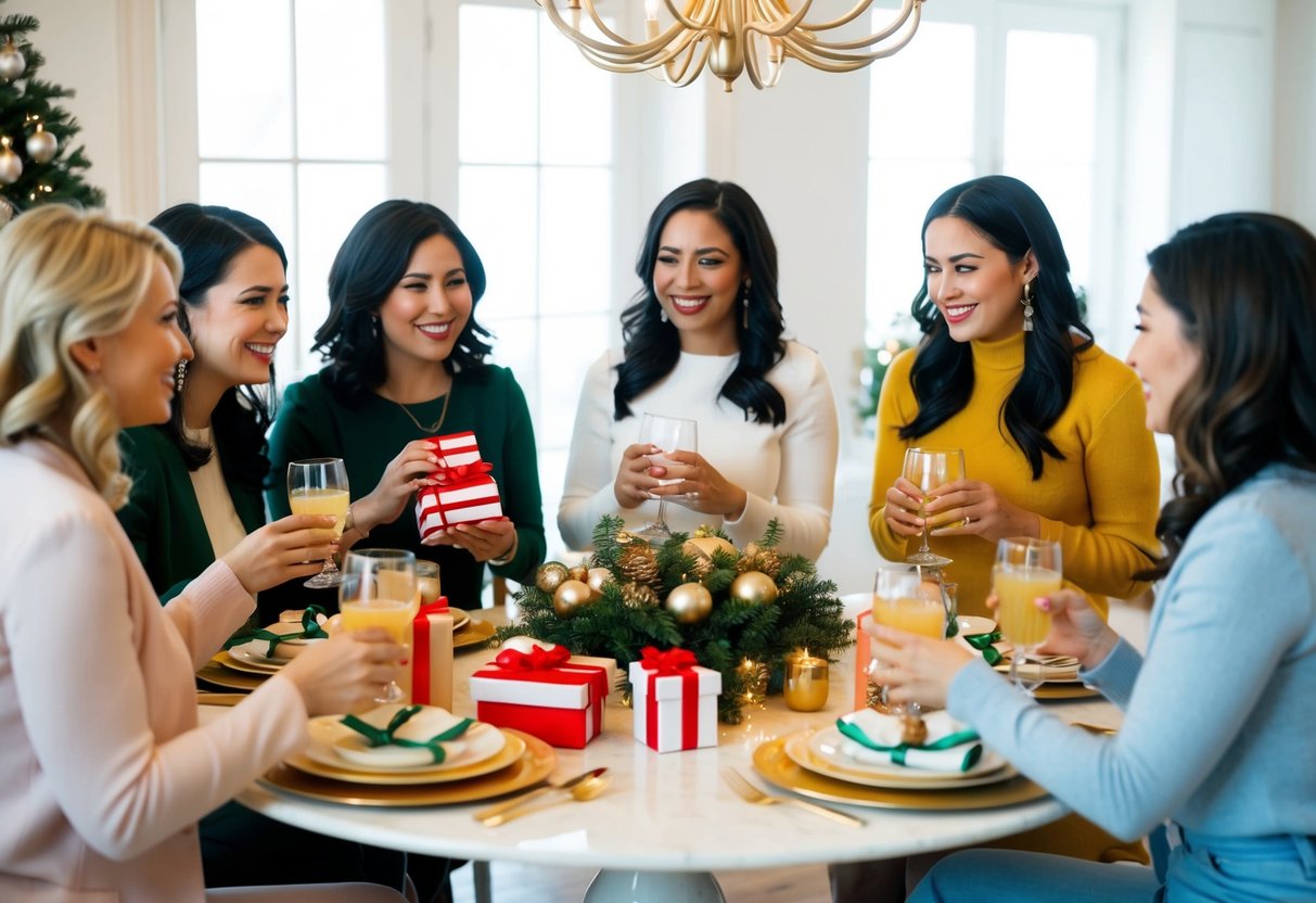 A group of women gathered around a beautifully decorated table, sipping drinks and chatting while opening gifts