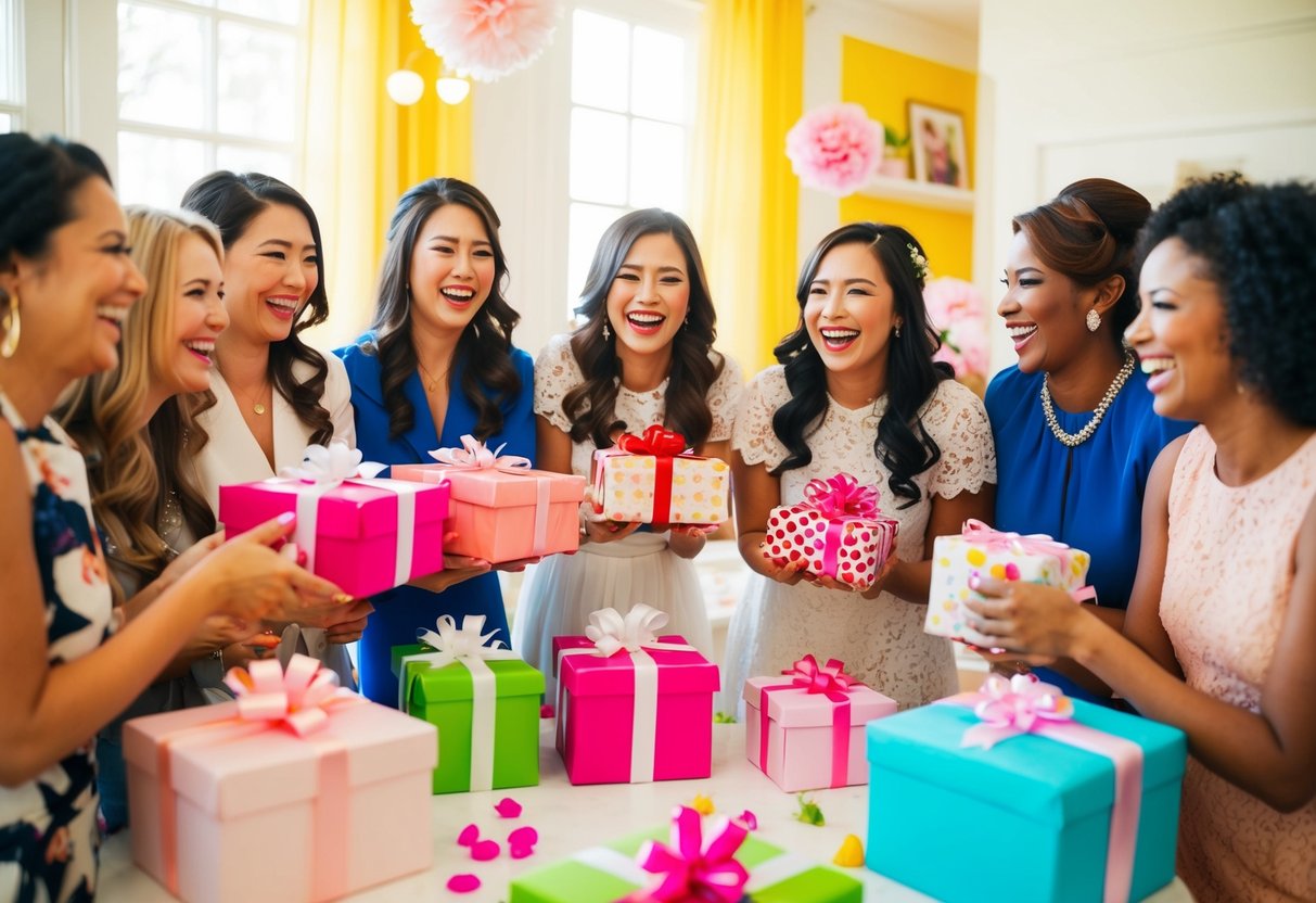 A group of women gather in a brightly decorated room, exchanging gifts and celebrating at a bridal shower. Laughter and smiles fill the air as they enjoy each other's company