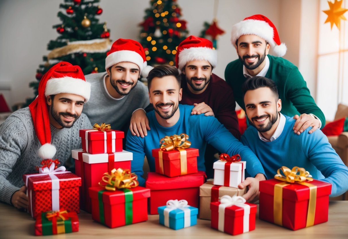 A group of men celebrating with gifts and decorations in a festive setting