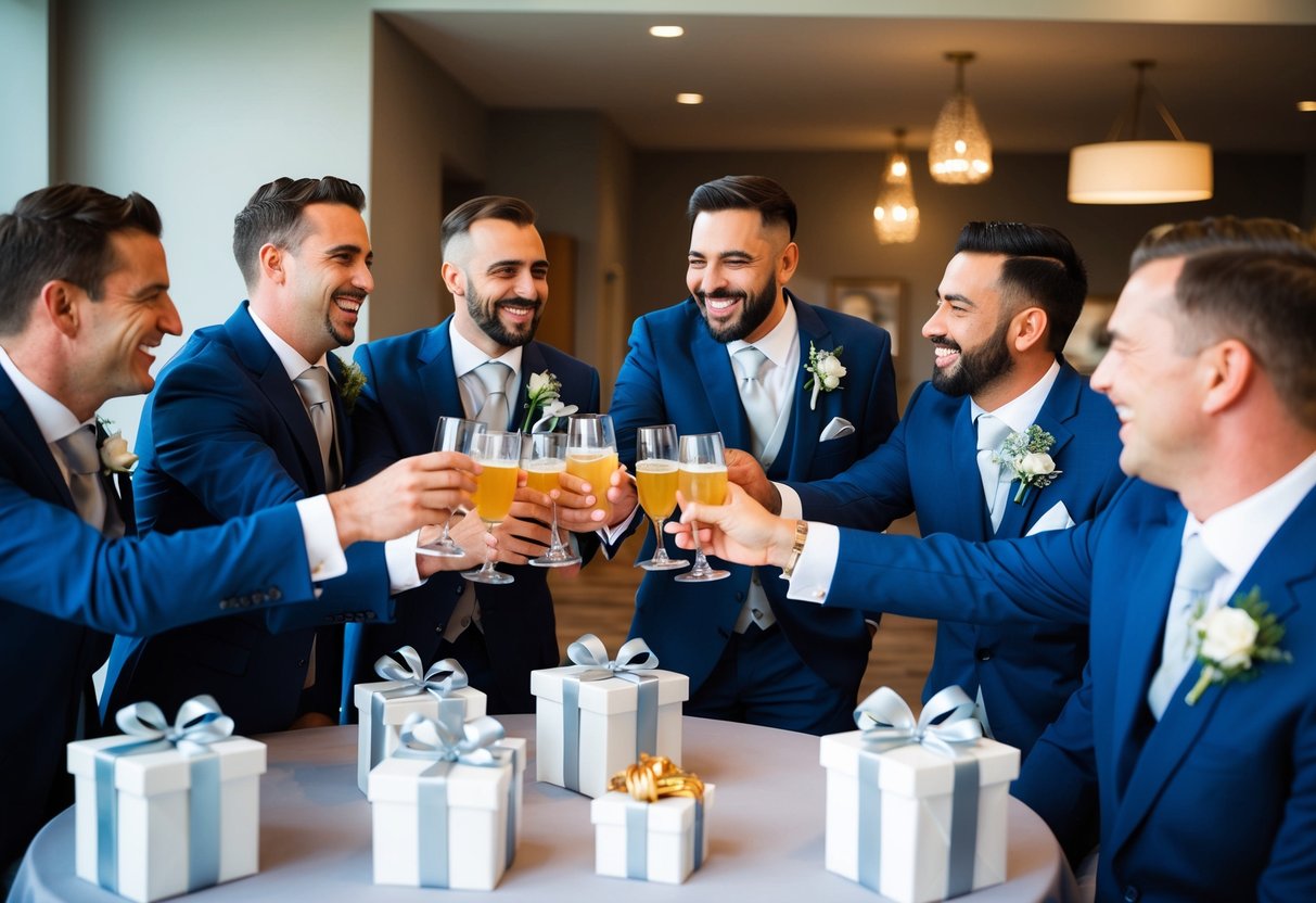A group of men gathered around a table, laughing and toasting with drinks. Gifts for the groom are displayed on a nearby table