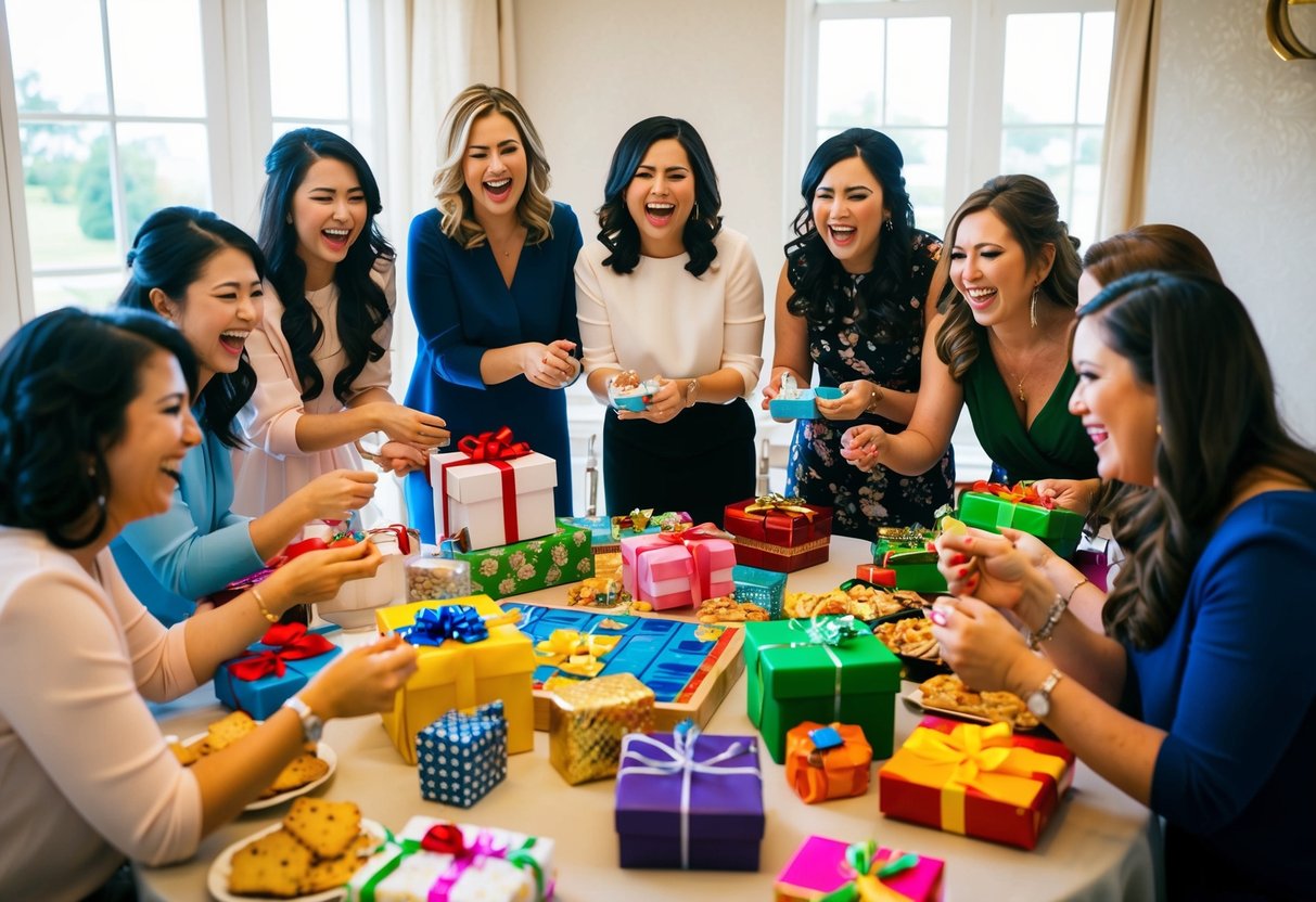 A group of women gather around a table filled with gifts, games, and food. Laughter fills the air as they celebrate the upcoming wedding