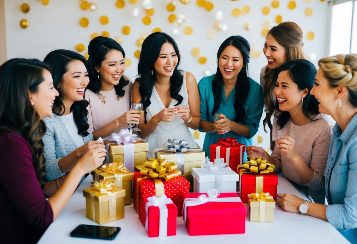 A group of women gather around a table filled with gifts and decorations, laughing and chatting as they celebrate the upcoming wedding