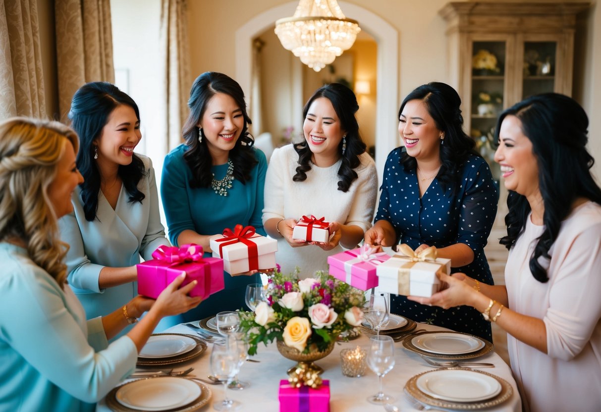 A group of women gather around a beautifully decorated table, exchanging gifts and sharing laughter while celebrating the upcoming wedding