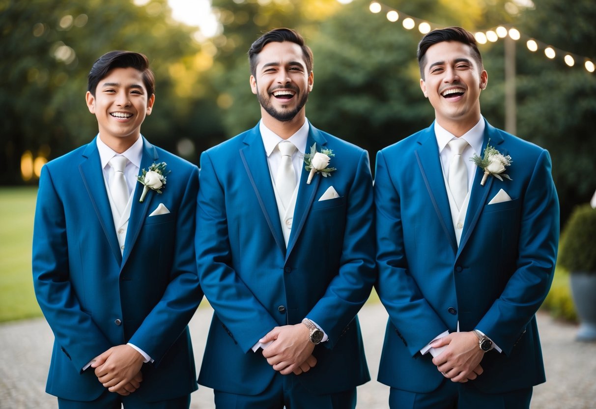 Three siblings in matching suits stand side by side, smiling and laughing together as they prepare for a wedding celebration