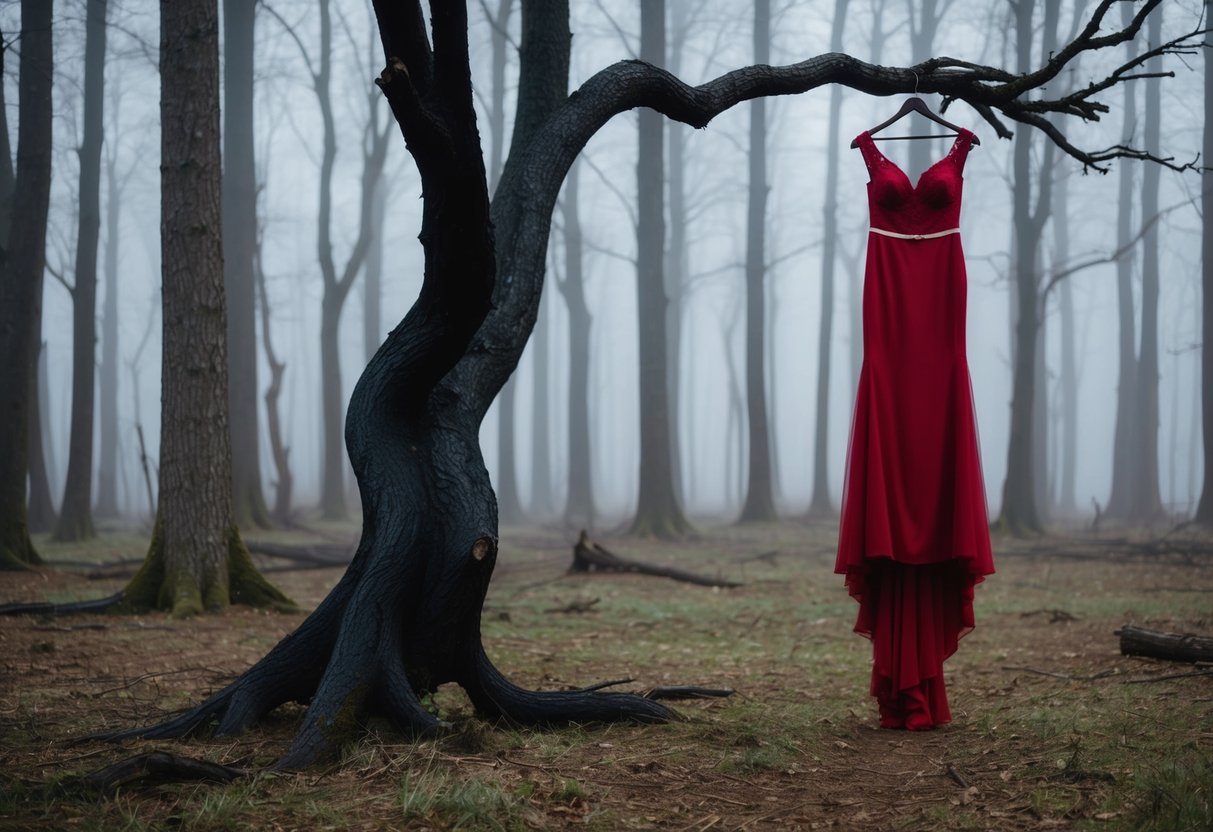 A blood-red wedding dress hangs from a twisted, blackened tree in a desolate, fog-covered forest