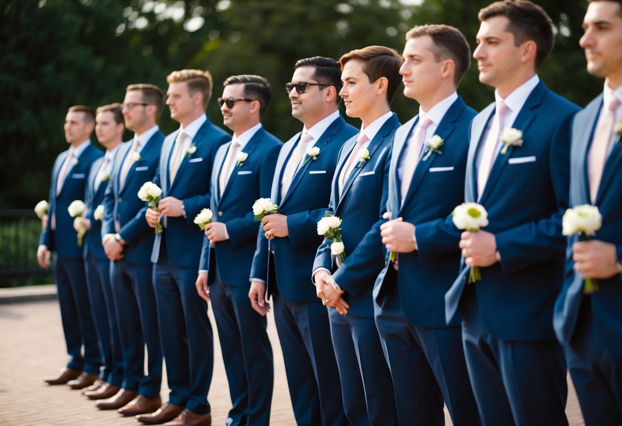 A group of people standing in a line, some holding flowers, others with their hands in their pockets. They are dressed in matching suits, with one person slightly apart from the group