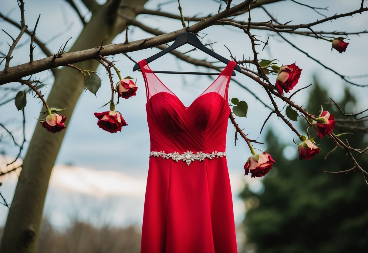 A red wedding dress hangs from a bare tree branch, surrounded by wilted roses and thorns, symbolizing passion and danger